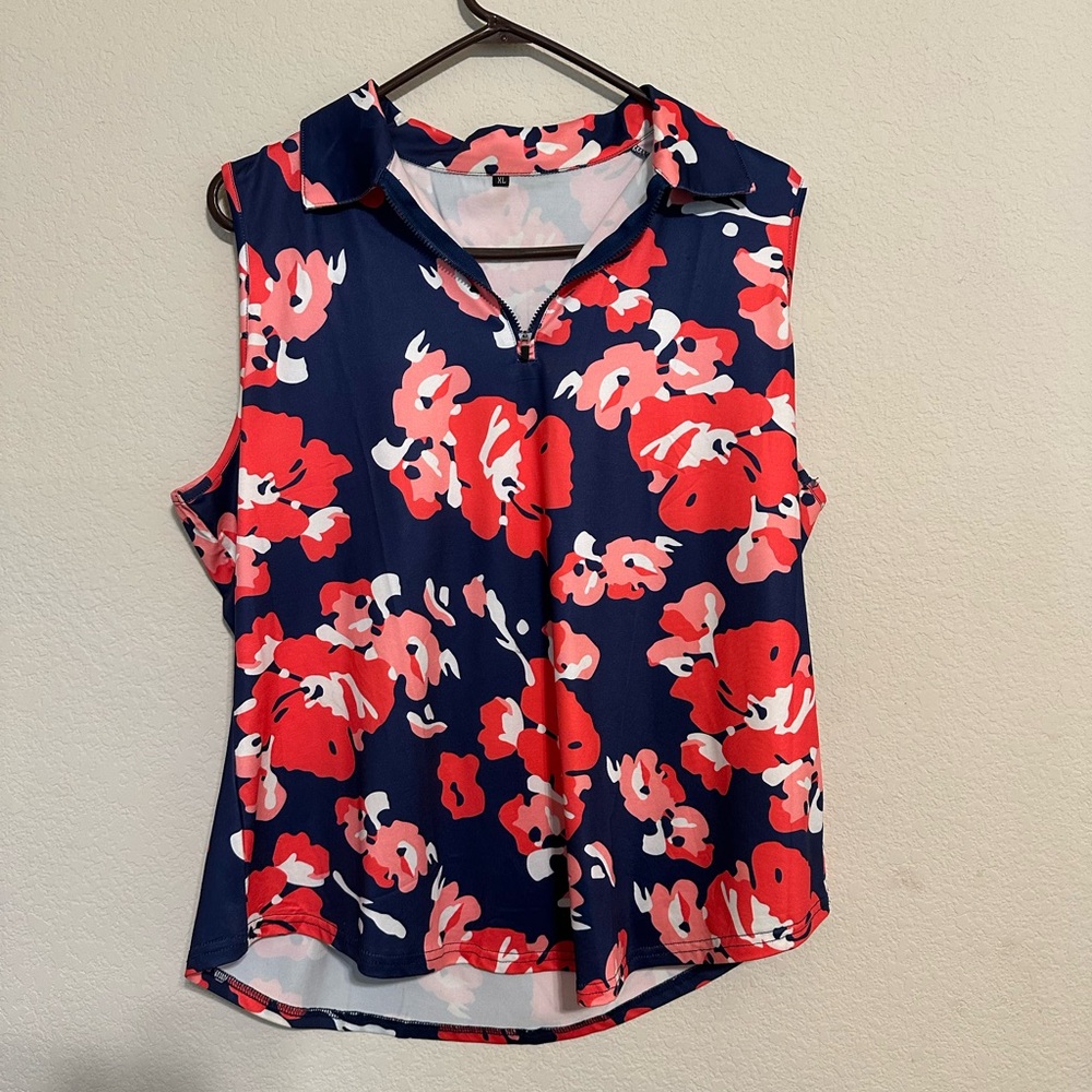 Navy Blue and Red Sleeveless Golf Polo Tank
